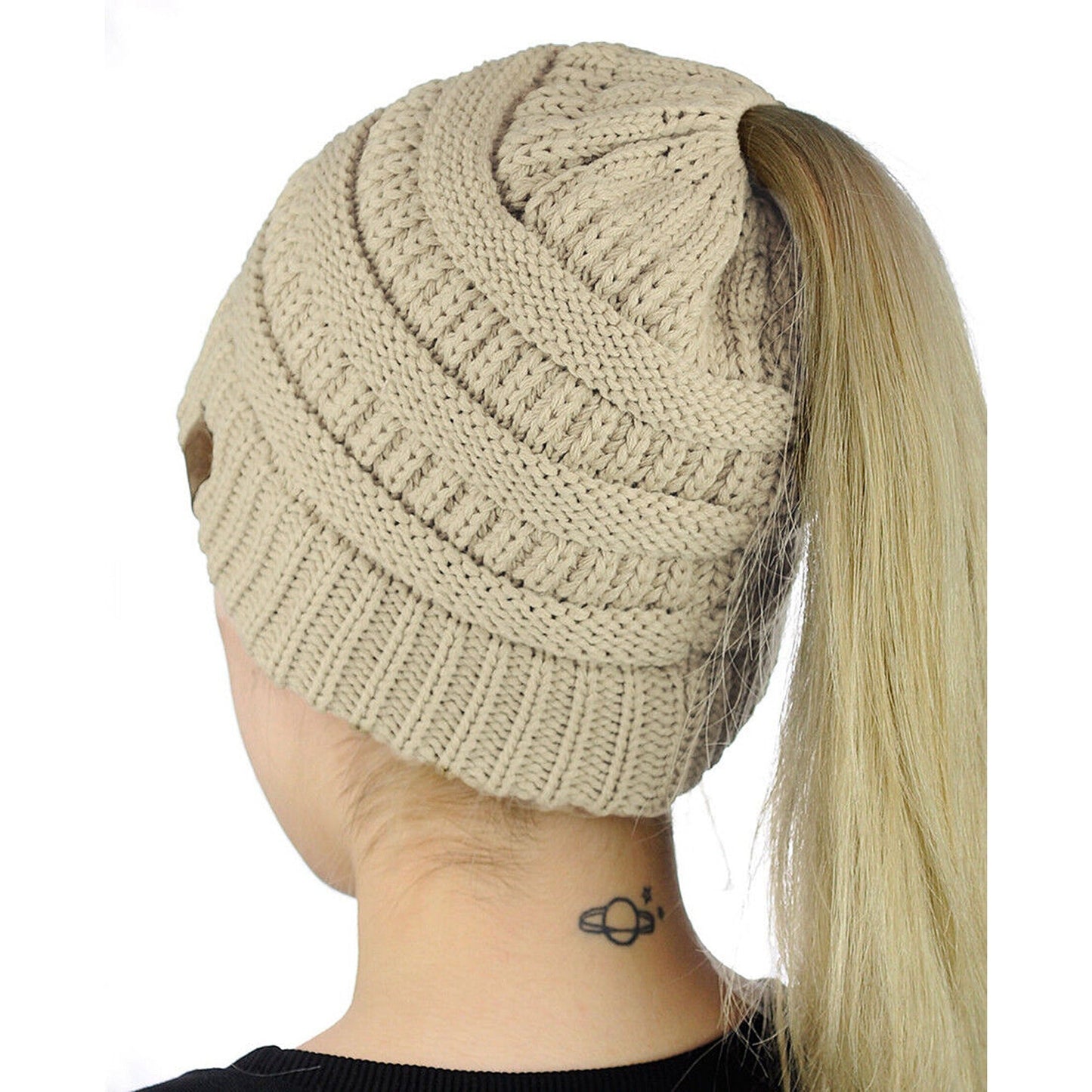High Bun Ponytail Beanie for Women Soft Stretch Cable Knit Crochet Hat