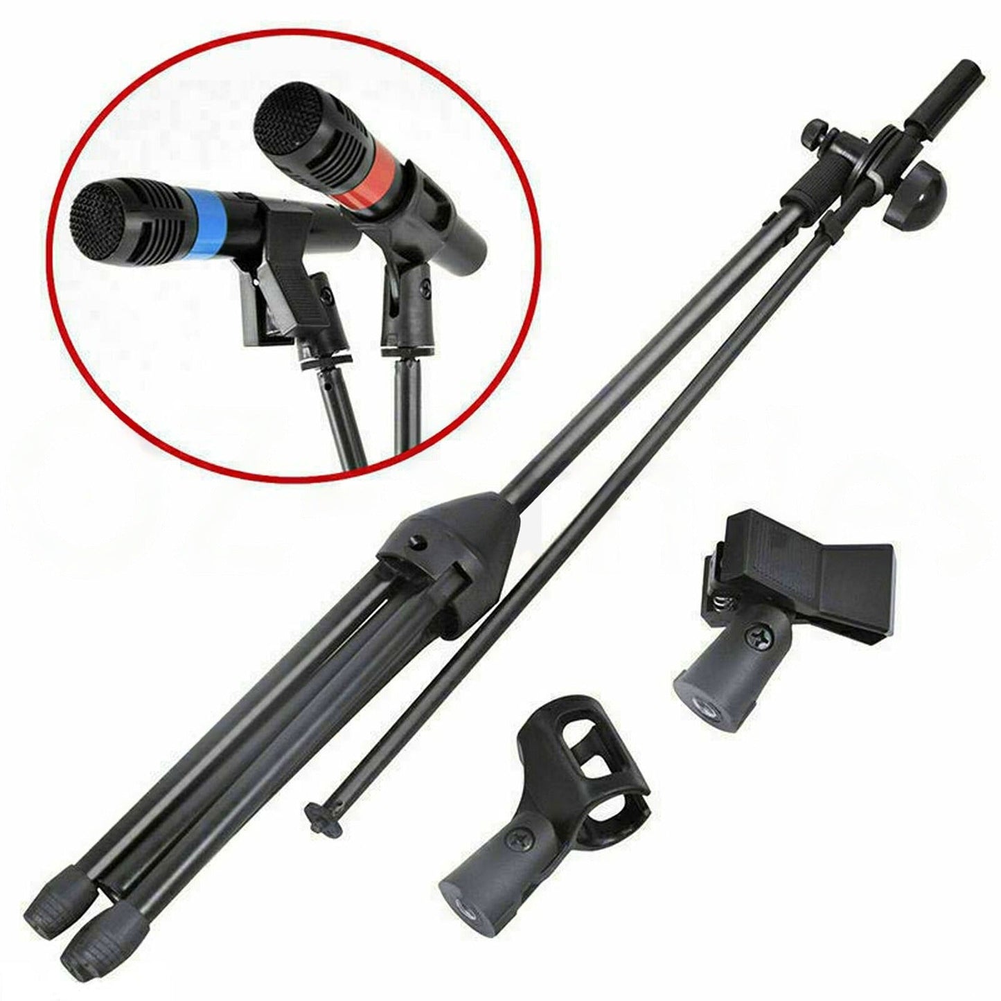 Foldable Adjustable Microphone Stand with Dual Clip Boom Holder