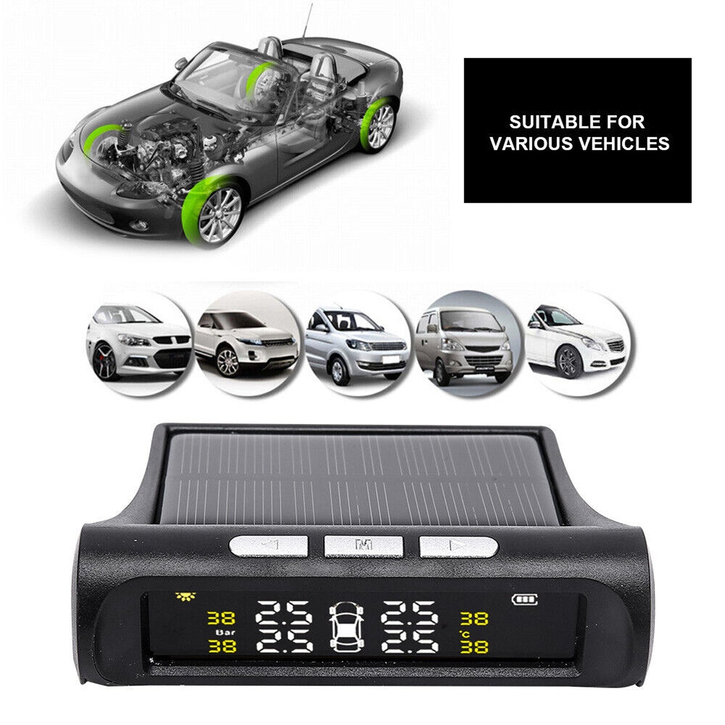 TPMS Car Tire Pressure Monitoring System with Solar Charging and External Sensors