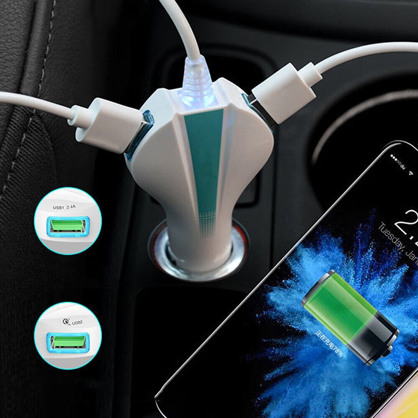 USB 3.0 Quick Charging Car Adapter for iPhone and Samsung 12V
