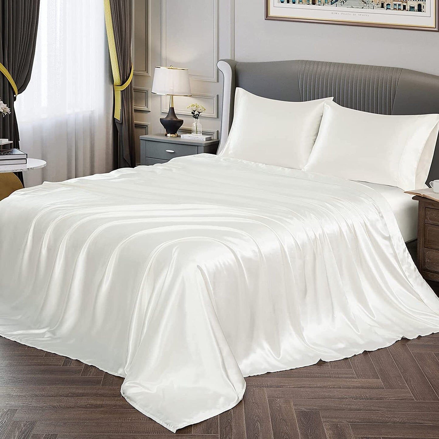 White Double Queen King Silk Satin Sheet Set Flat Fitted Sheet And Pillowcase