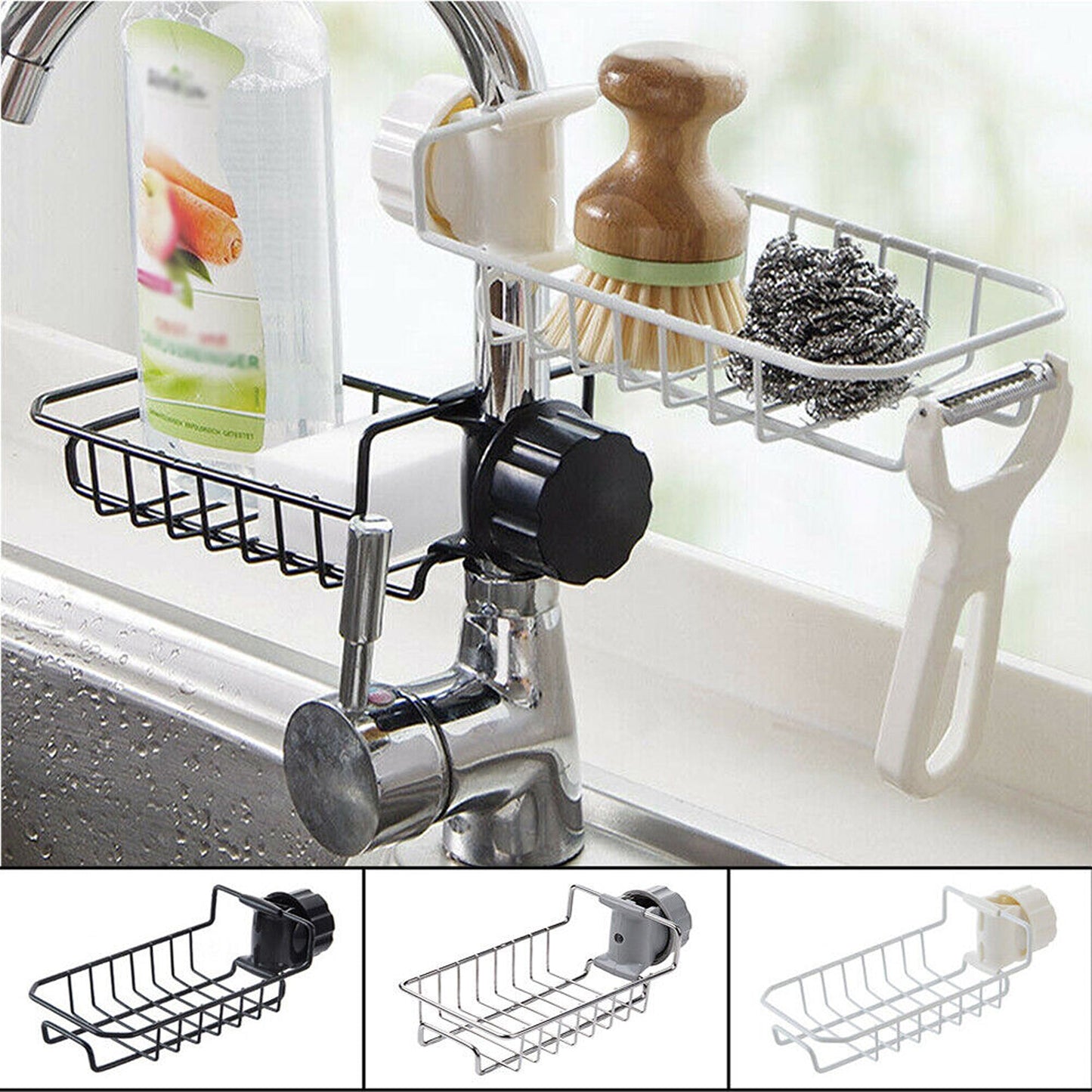 Sponge Holder for Kitchen Sink Faucet Shelf with Cloth Rack Organizer