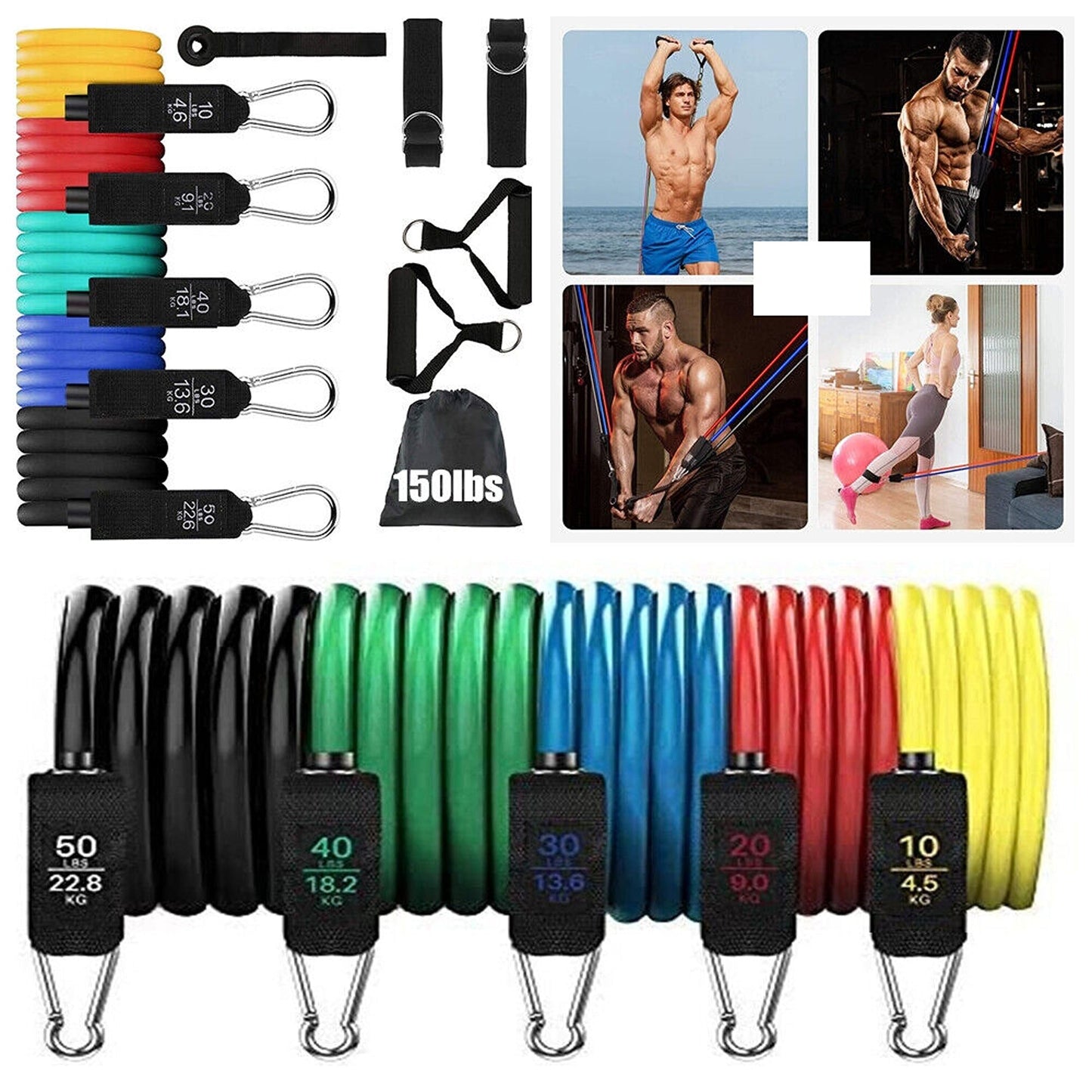 11pcs Resistance Band Set for Yoga Pilates and Fitness Exercises - 150lbs