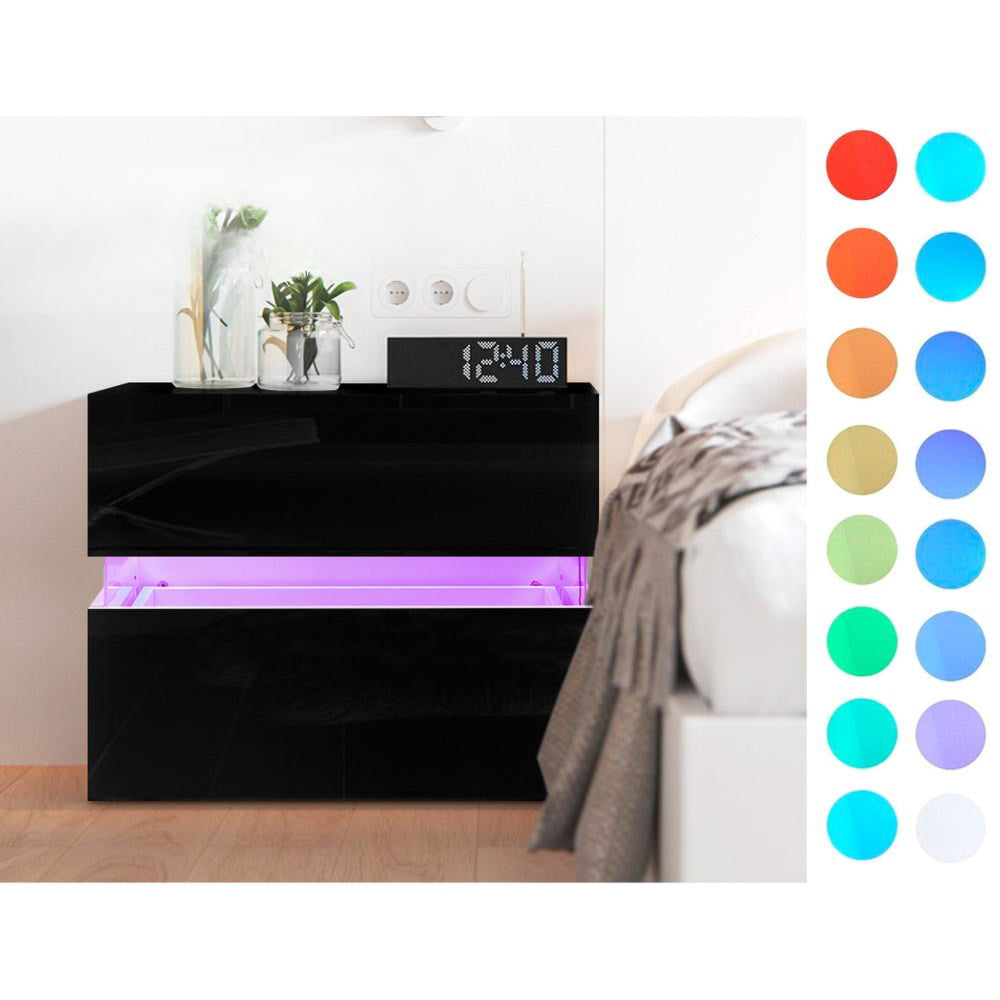 Bedside Table 2 Drawers RGB LED Side Nightstand High Gloss Cabinet Black
