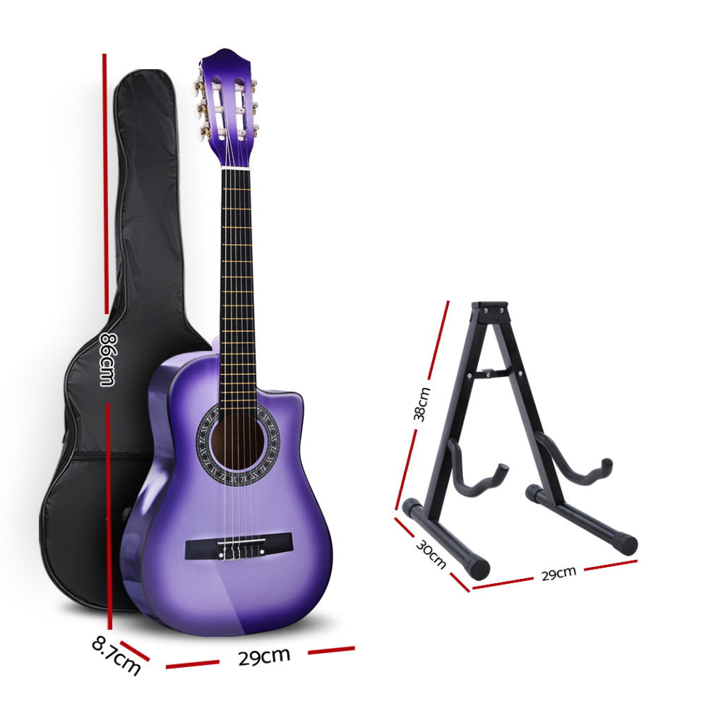 34" Inch Guitar Classical Acoustic Cutaway Wooden Ideal Kids Gift Children 1/2 Size Purple with Capo Tuner