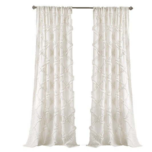 Ruffle Diamond Textured Window Curtain Panel Set 84 x 54 inches - White