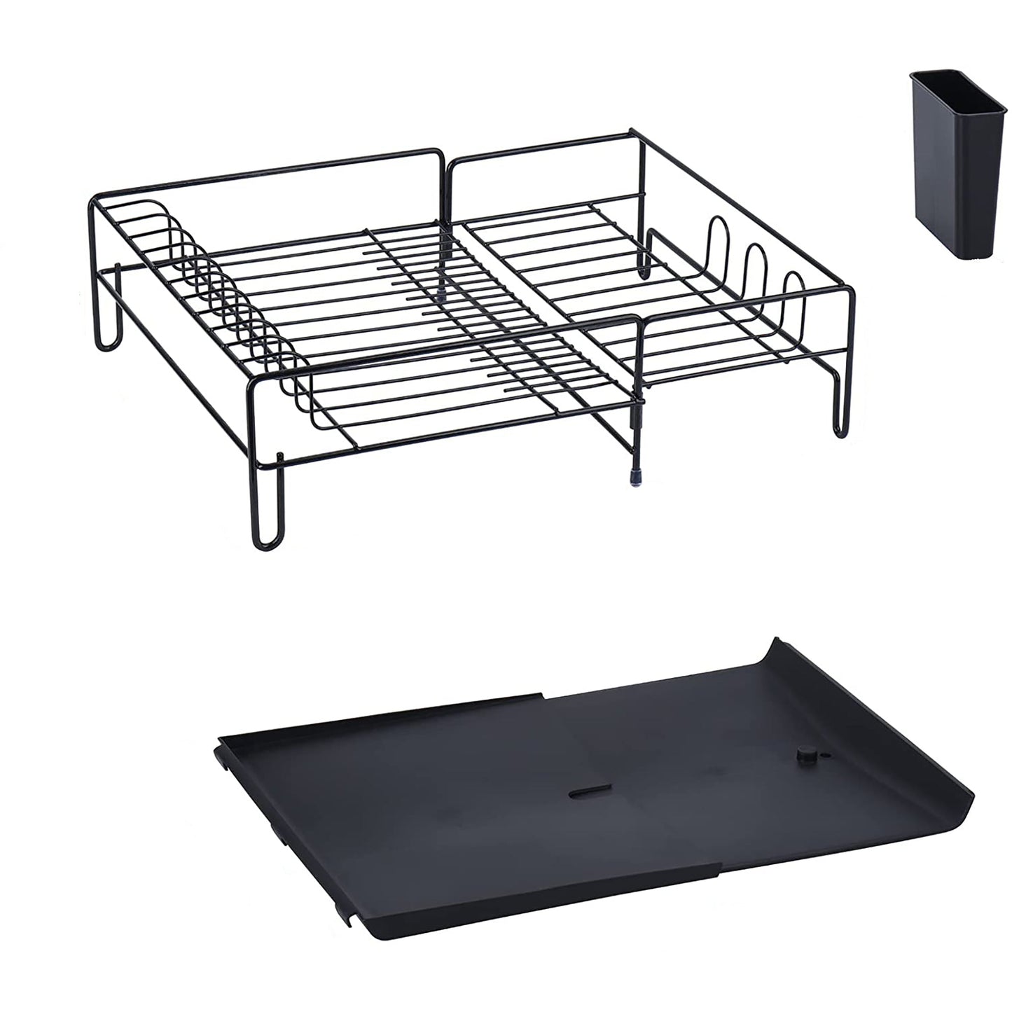 Dish Drying Rack with Drip Tray Cutlery Holder Swivel Draining Spout for Kitchen Countertop - Black