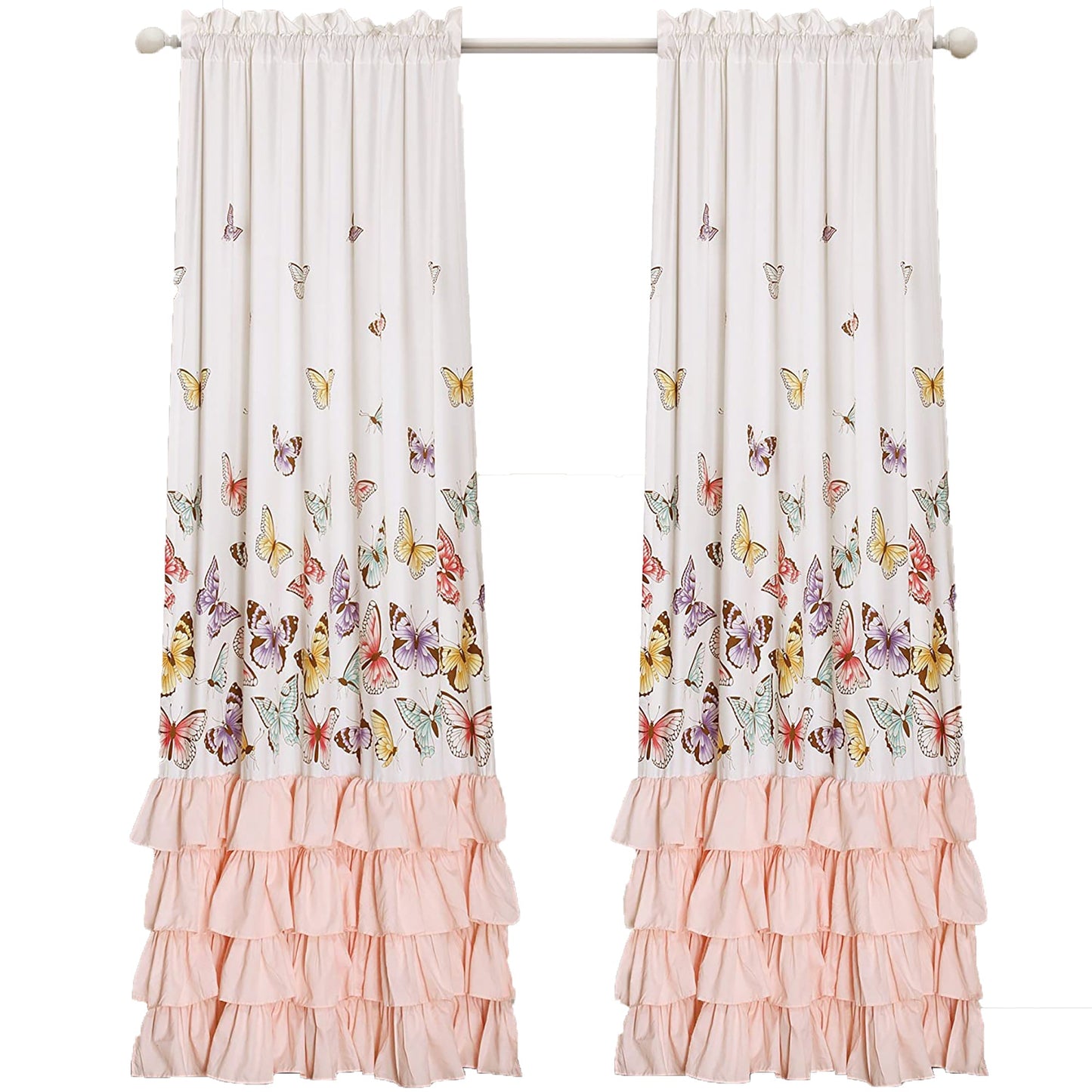 Butterfly Ruffle Print Window Curtain Panel Set 84 x 52 inch - Pink