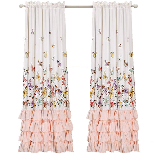 Butterfly Ruffle Print Window Curtain Panel Set 84 x 52 inch - Pink