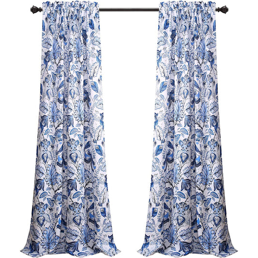 Cynthia Jacobean Room Darkening Window Curtain Set 84x52 Inch -  Blue
