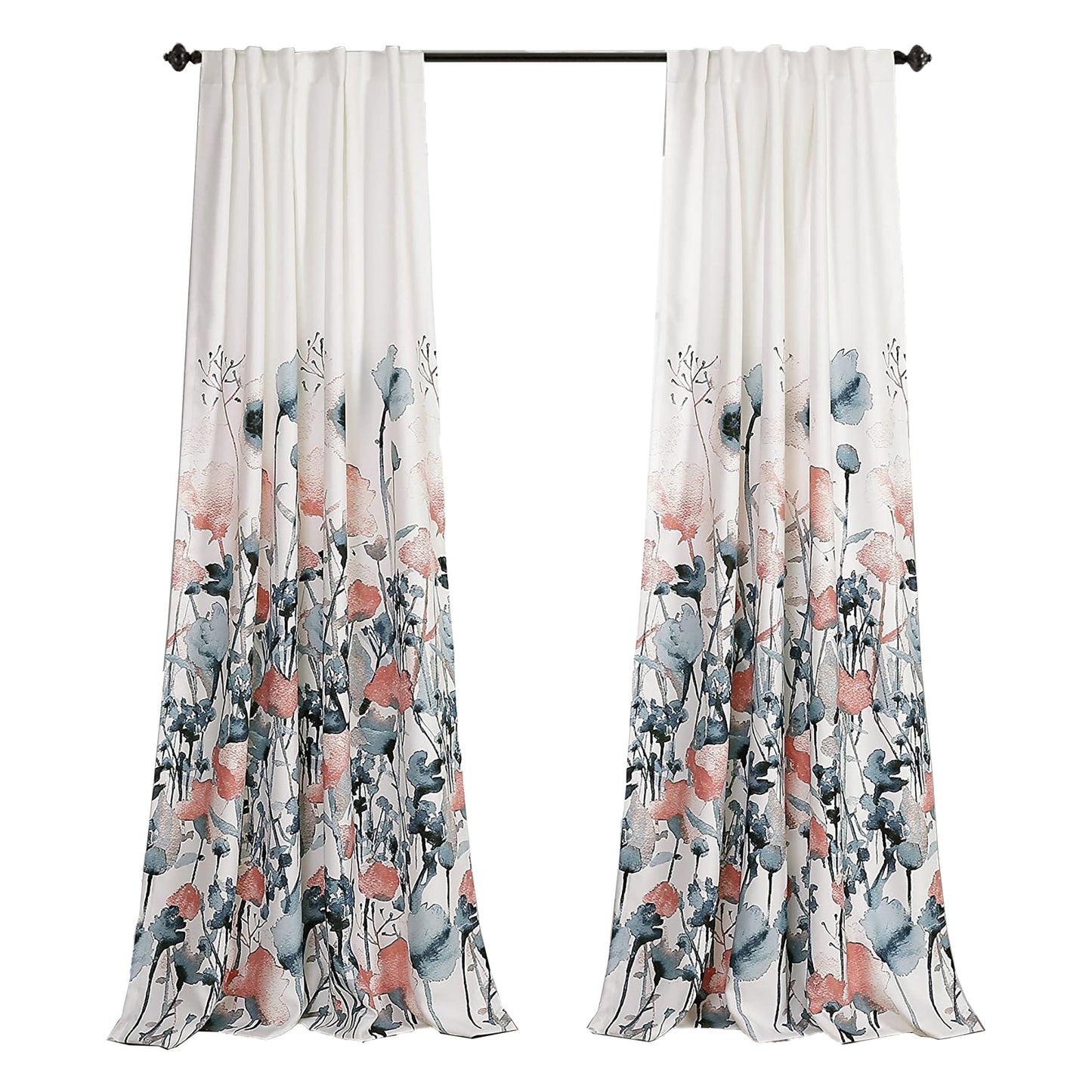 Floral Room Darkening Curtain Panel Set 84x52 Inch - Blue and Coral
