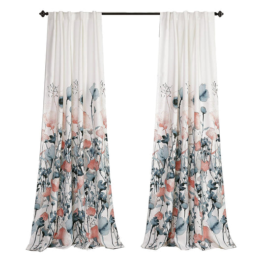 Floral Room Darkening Curtain Panel Set 84x52 Inch - Blue and Coral