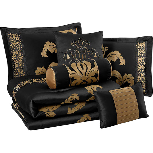 7 Piece Royale Jacquard Floral Comforter Set Queen - Black and Gold