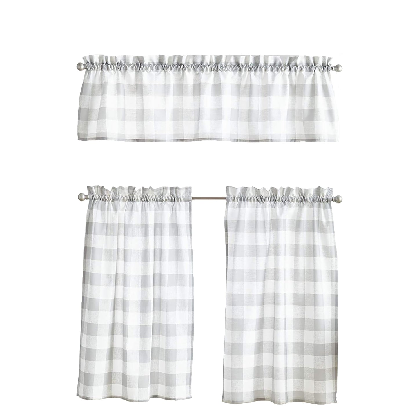 Country Modern Rustic Farmhouse Check Curtain Window Valance and Tiers Set - Grey