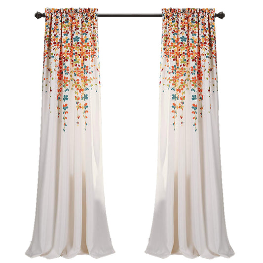 Weeping Flowers Room Darkening Window Panel Curtain Set 84X52 inch - Turquoise and Tangerine
