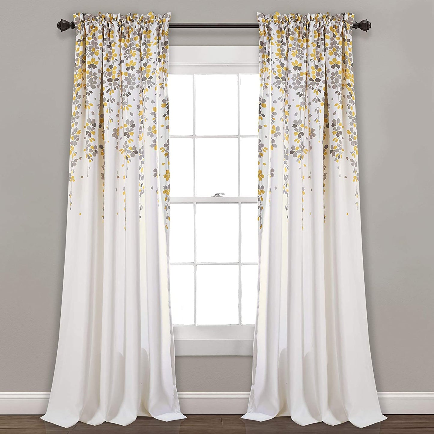 Weeping Flowers Room Darkening Window Panel Curtain Set 84X52 inch - Yellow Grey