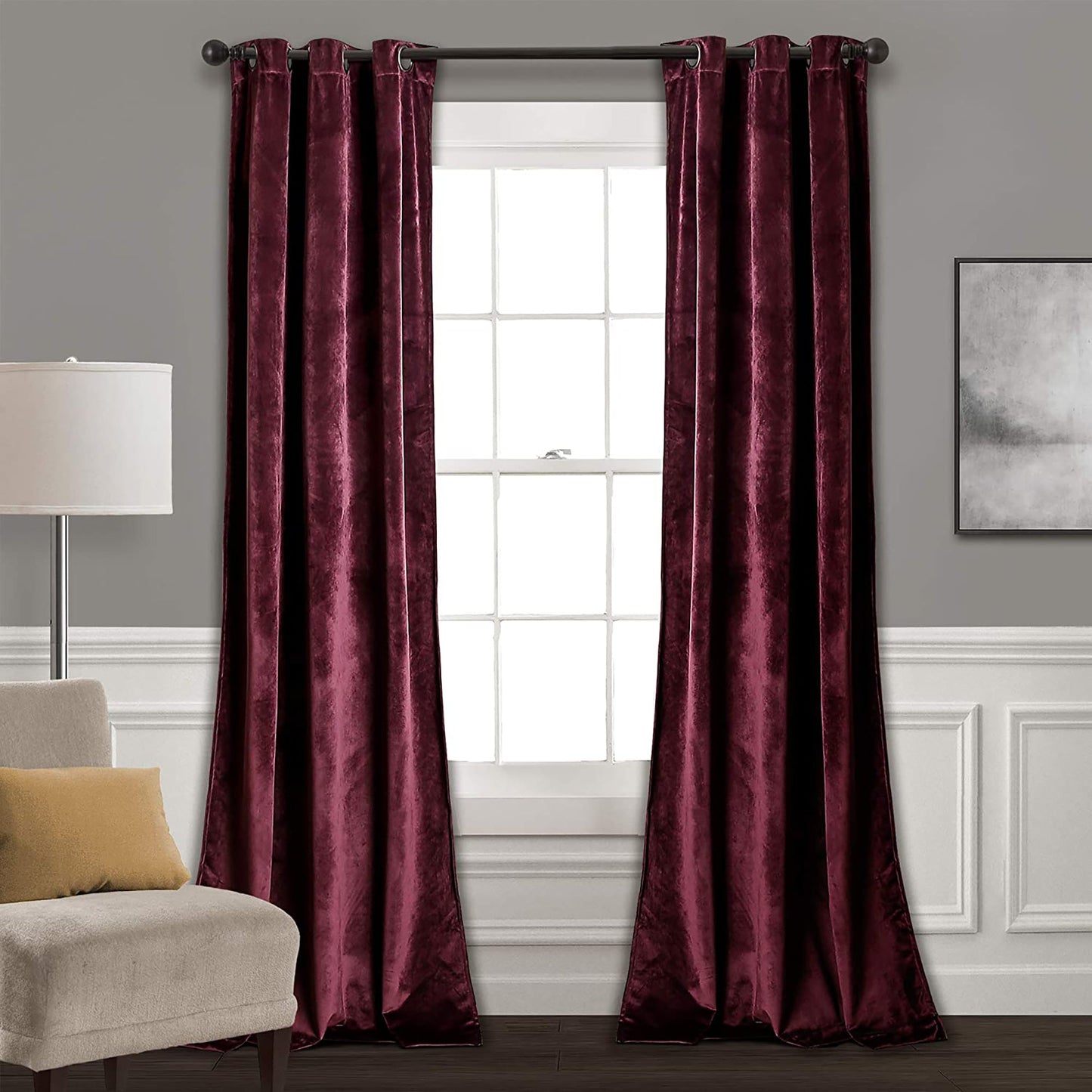 Room Darkening Velvet Curtains Window Panel Set for Living Dining Bedroom Pair 84 in - Plum