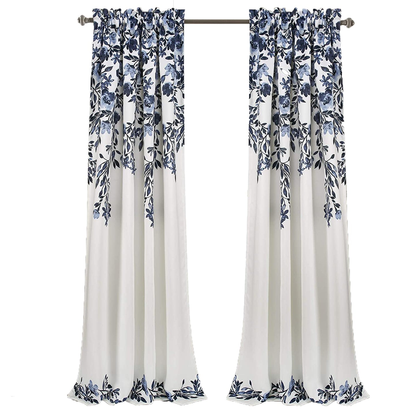 Room Darkening Floral Vine Print Window Panel Set 84 x 52 inch - Navy and White