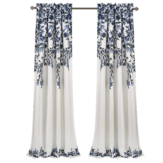 Room Darkening Floral Vine Print Window Panel Set 84 x 52 inch - Navy and White