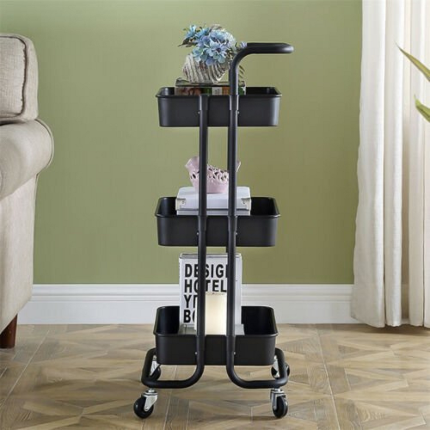 3-Tier Rolling Storage Cart with Handle Basket Serving Trolley Organizer