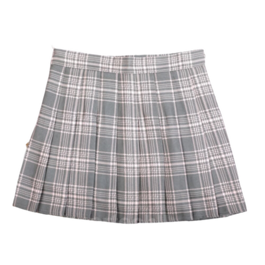 Grey Grid High Waist Pleated Skirt Women Girls Summer Tartan Short School Skirt