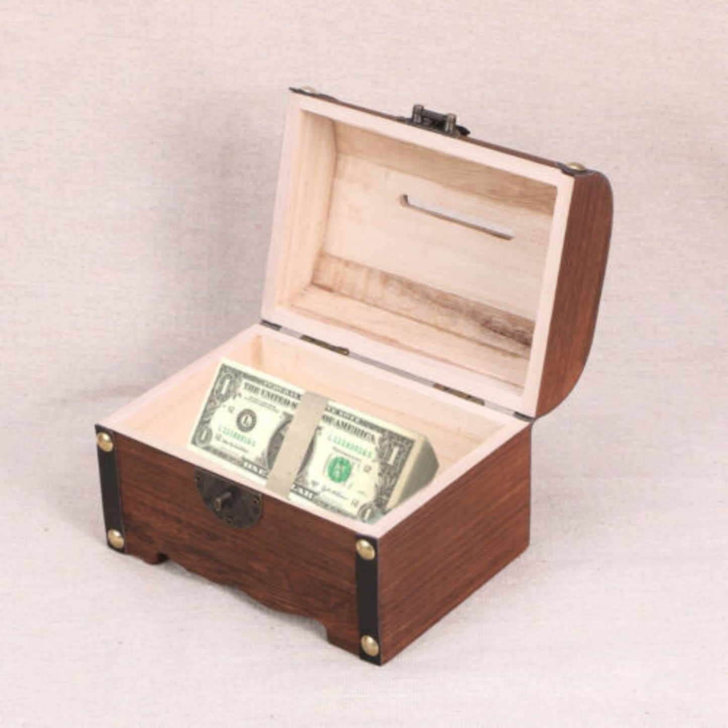 Retro Wooden Treasure Chest Vintage Money Storage Coin Piggy Bank Case