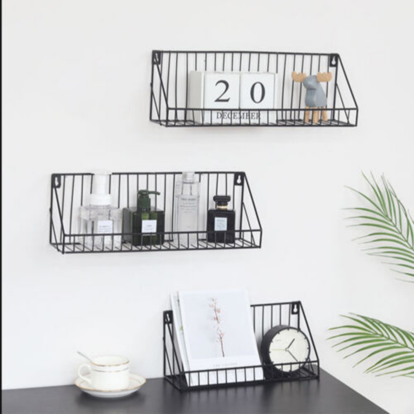 Black Industrial Wall DIY Storage Rack Floating Metal Wire Shelf Unit