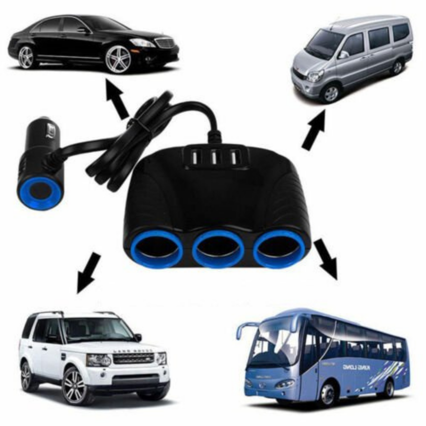 3 Way DC Car Charger Multi Socket with USB Ports