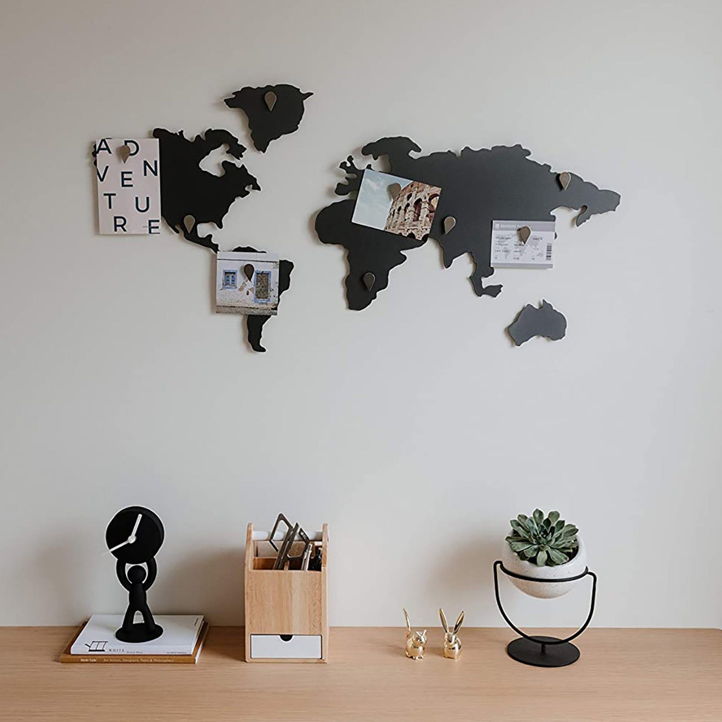 Metalic World Map Metal Wall Art Decor Wall Hanging for Living Room Bedroom Dorm - Black