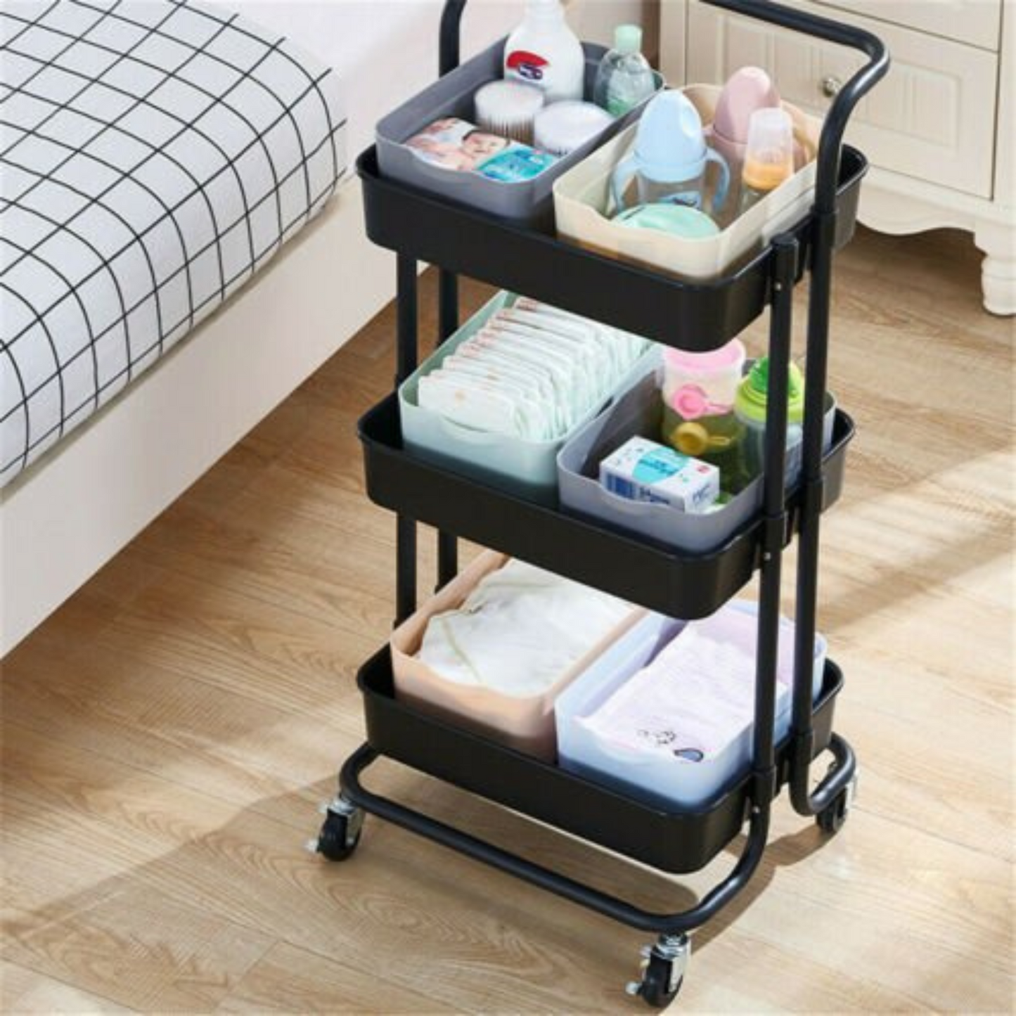 3-Tier Rolling Storage Cart with Handle Basket Serving Trolley Organizer