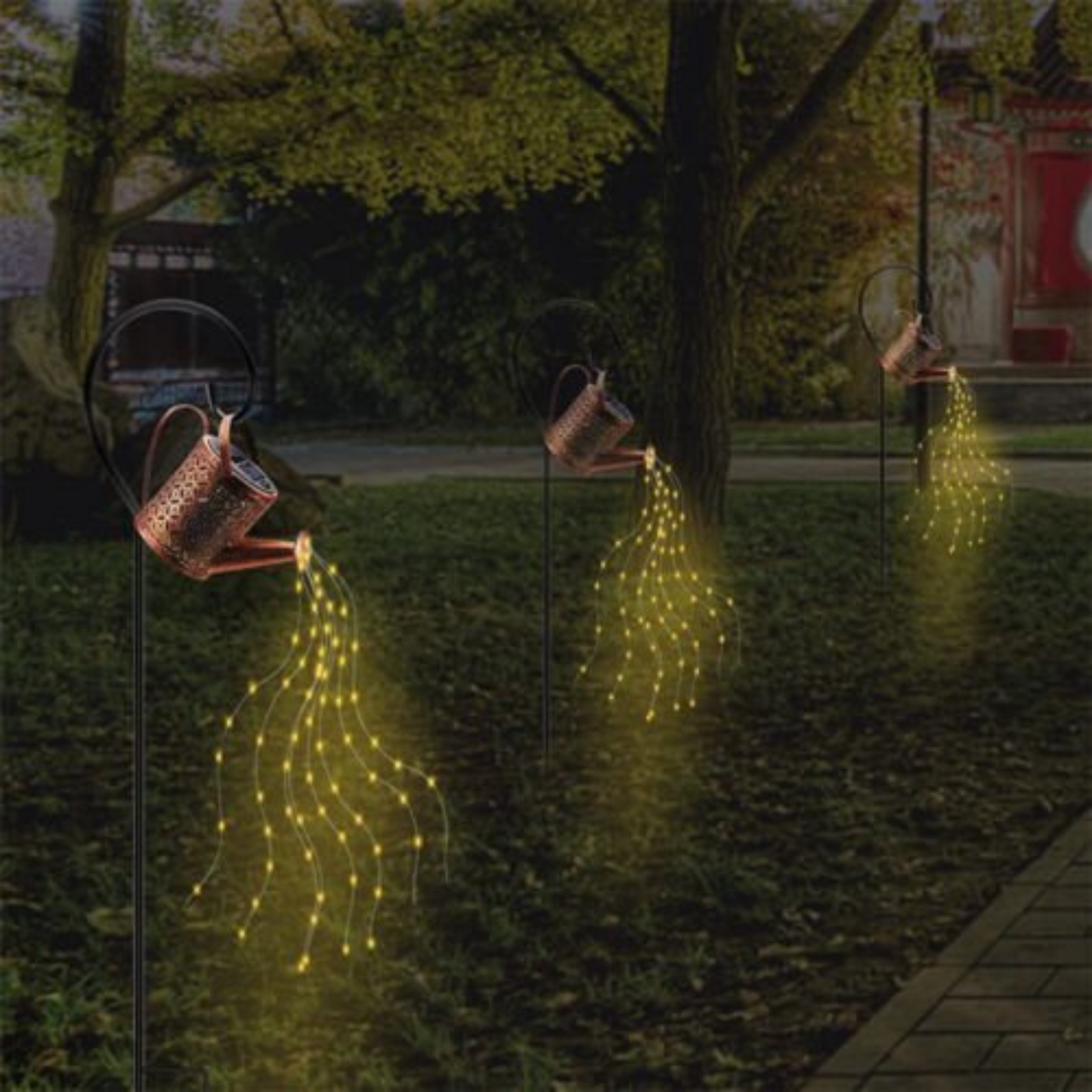 Solar LED Watering Can Fairy String Light Outdoor Garden Decor Waterfall Lamp