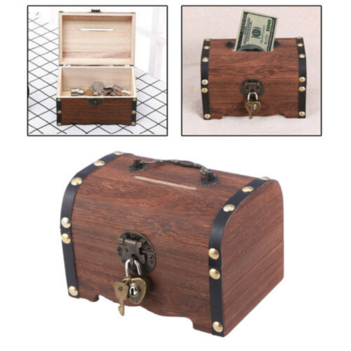 Retro Wooden Treasure Chest Vintage Money Storage Coin Piggy Bank Case