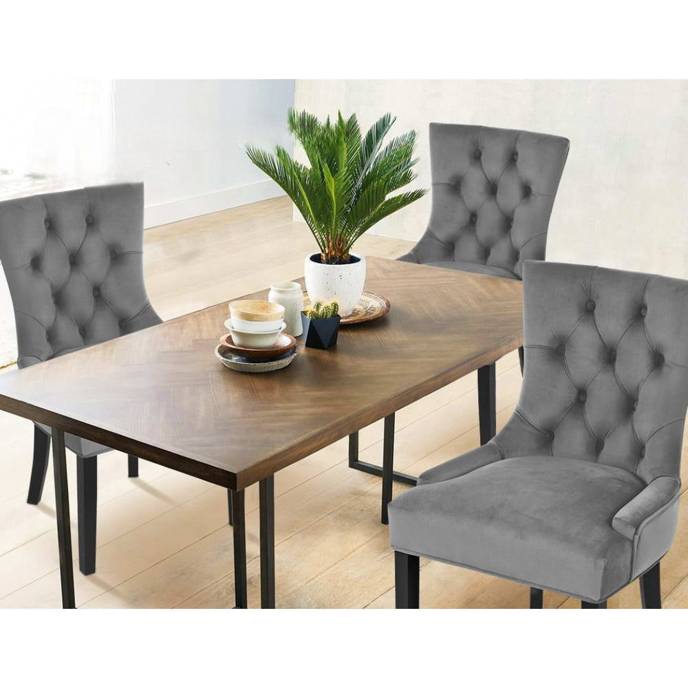 Set of 2 Dining Chairs French Provincial Retro Chair Wooden Velvet Fabric Grey