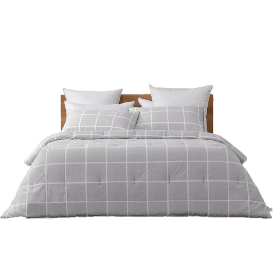 225TC Soft and Cozy Hypoallergenic Cotton Washed Quilt Cover Set - Checkered Grey
