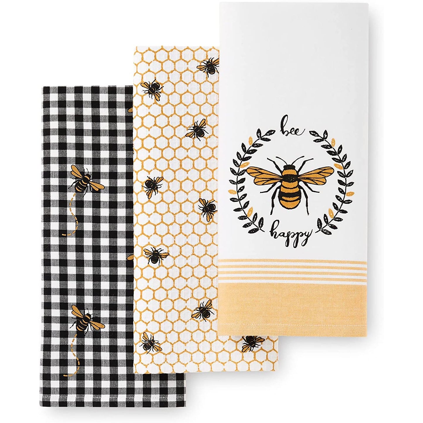 Kitchen Bee Honeycomb Absorbent Hand Towels 3 Pcs 18x28 Inches - Yellow and Black