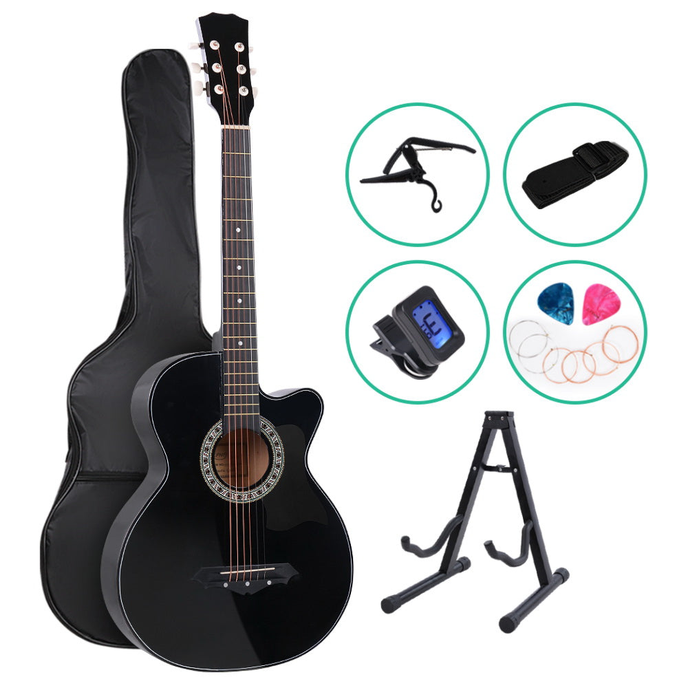 38 Inch Wooden Acoustic Guitar with Accessories set Black