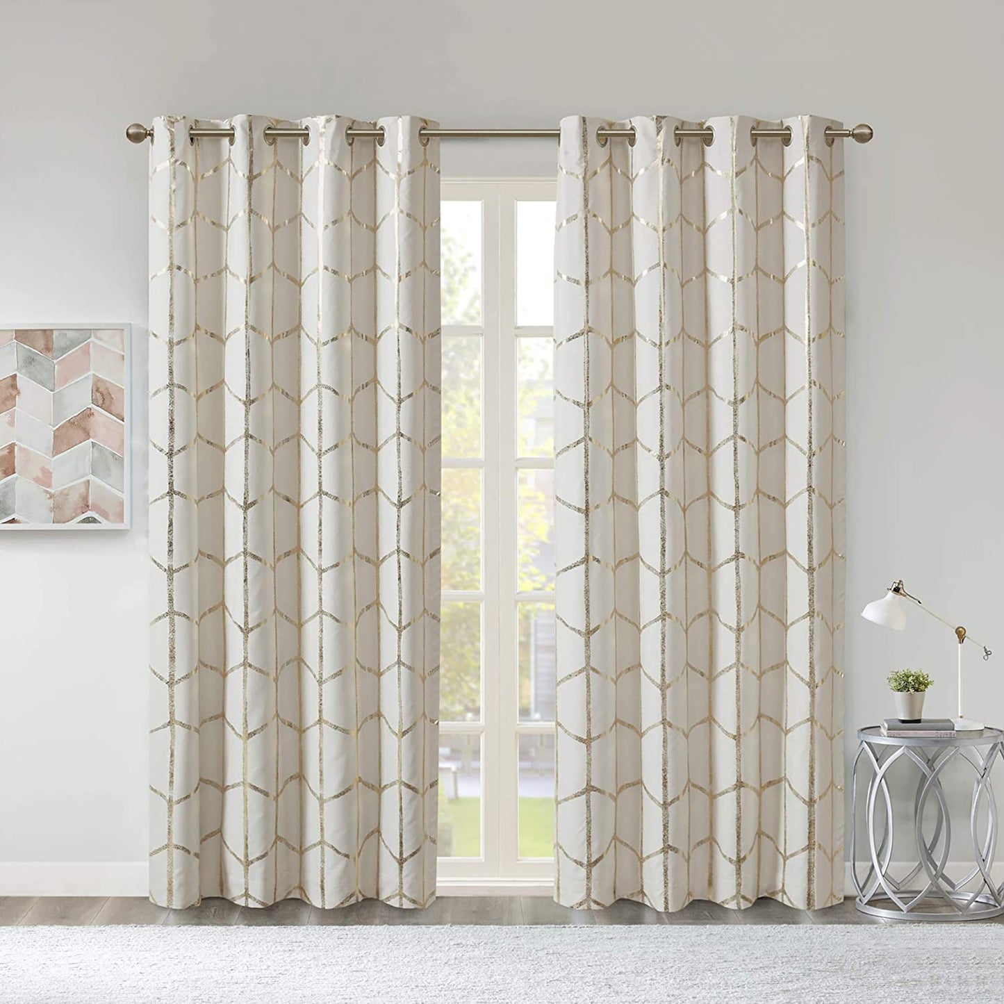 Thermal Insulated Metallic Print Grommet Light Blocking  Curtain Panel 1 Piece - Ivory and Gold