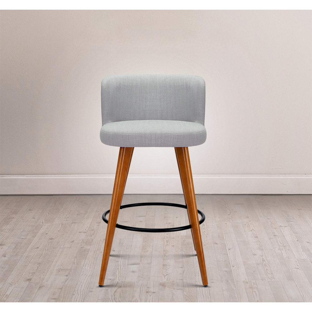 Set of 2 Wooden Fabric Bar Stools Circular Footrest - Light Grey
