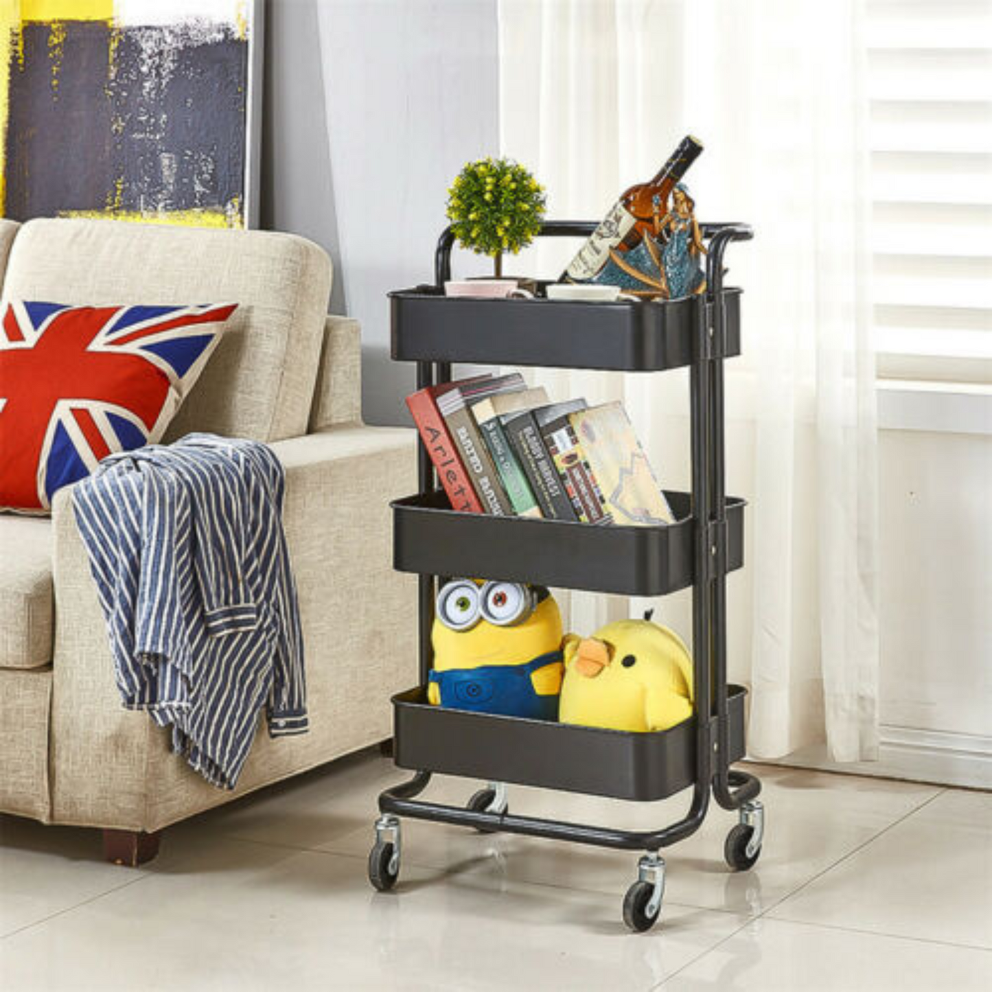 3-Tier Rolling Storage Cart with Handle Basket Serving Trolley Organizer