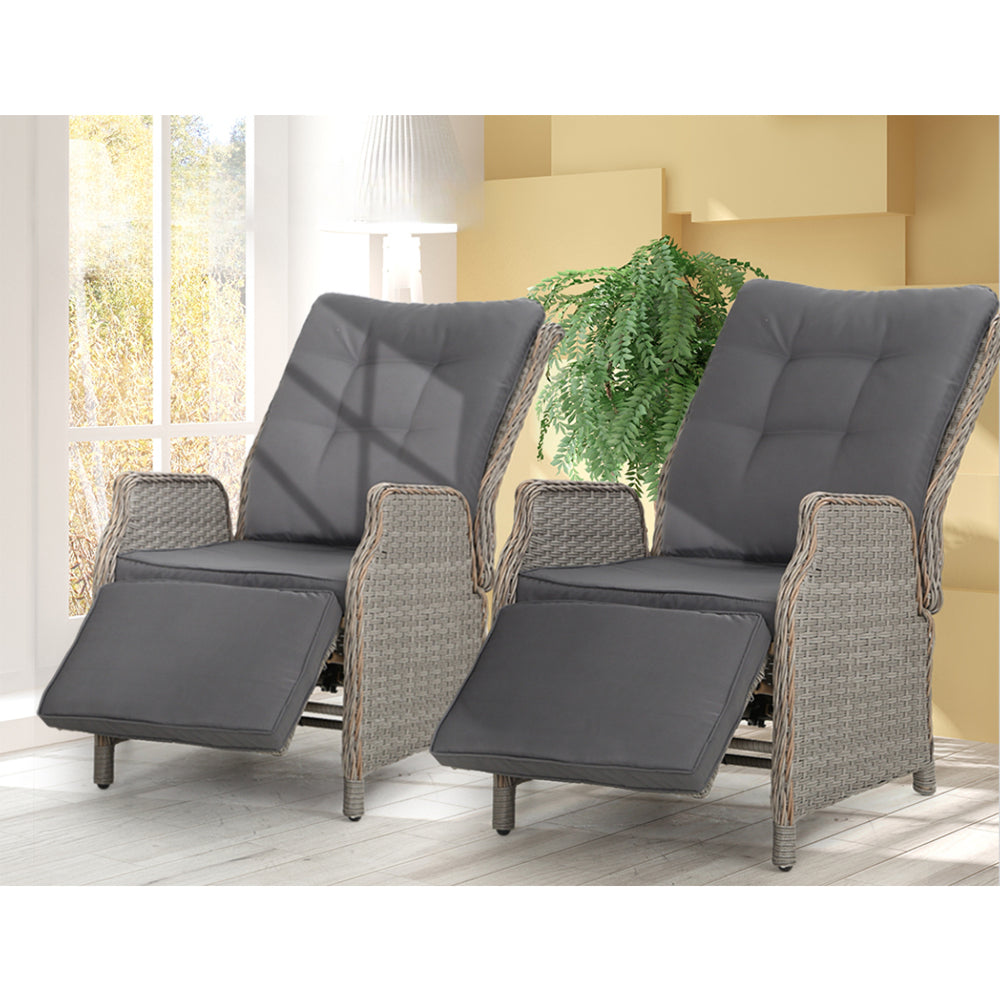 Recliner Chairs Outdoor Patio Wicker Lounge Sofa Set of 2 - Grey