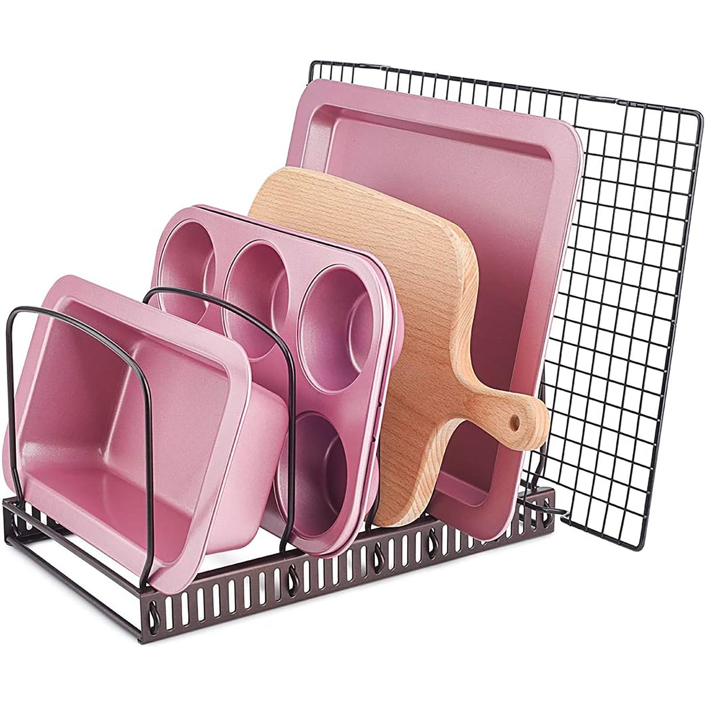 Adjustable Bakeware Rack with 10 Adjustable Compartments for Pantry or Cabinet - Brown