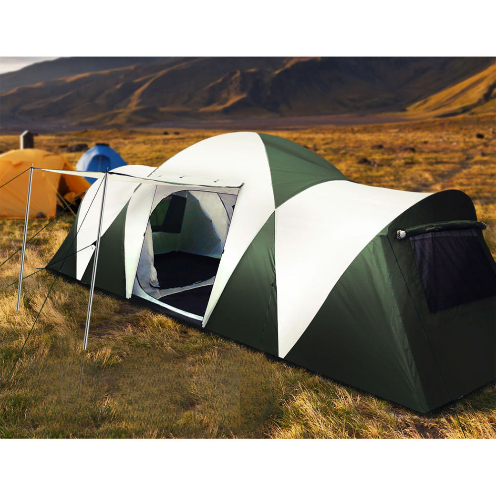 Camping Tent Hiking Beach Tents 3 Room Green - Fits 12 Person