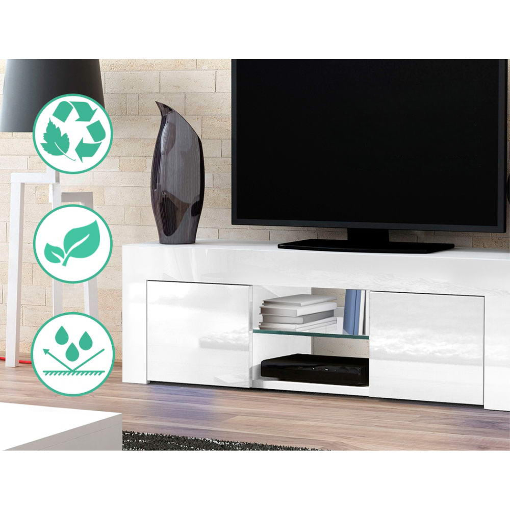 130cm High Gloss TV Stand Entertainment Unit Storage Cabinet Tempered Glass Shelf White