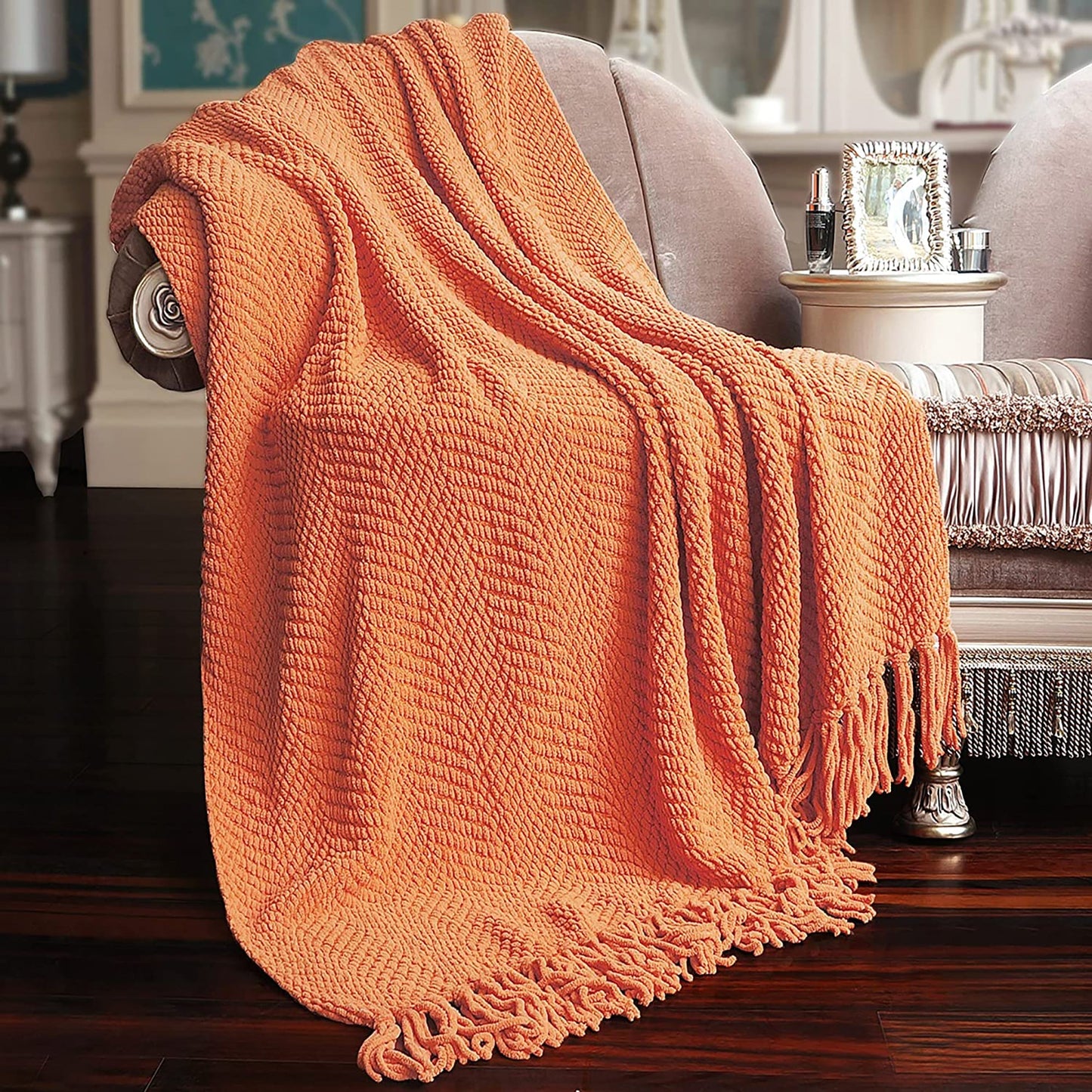 Knitted Solid Color Bed Sofa Couch Cover Throw Blanket 50x60 Inch - Orange