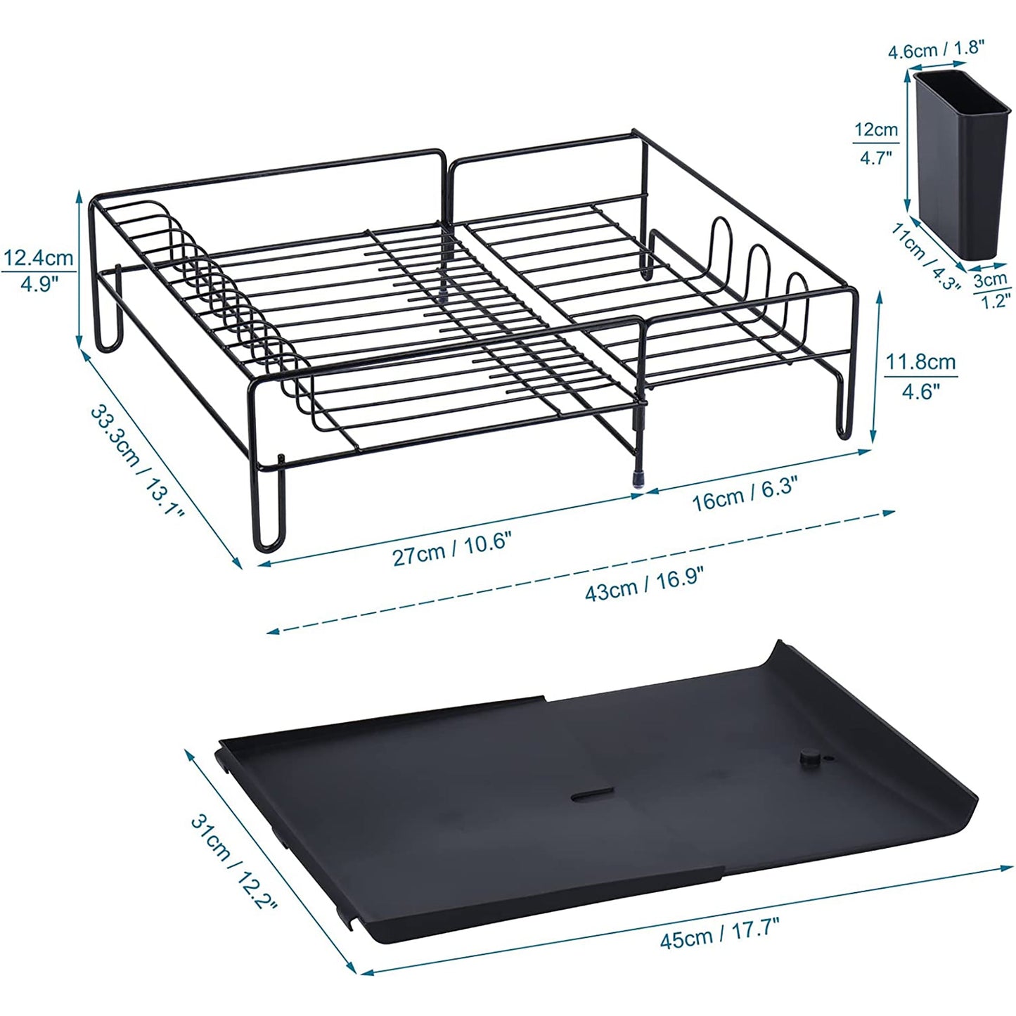 Dish Drying Rack with Drip Tray Cutlery Holder Swivel Draining Spout for Kitchen Countertop - Black
