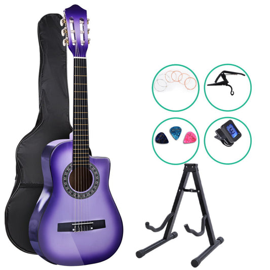 34" Inch Guitar Classical Acoustic Cutaway Wooden Ideal Kids Gift Children 1/2 Size Purple with Capo Tuner