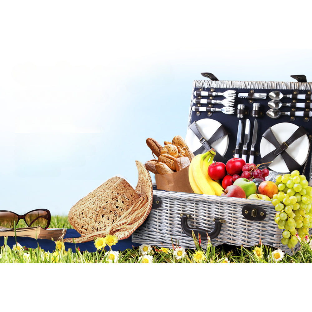 6 Person Picnic Basket Set Cooler Bag Wicker PU Fastening Straps Plates