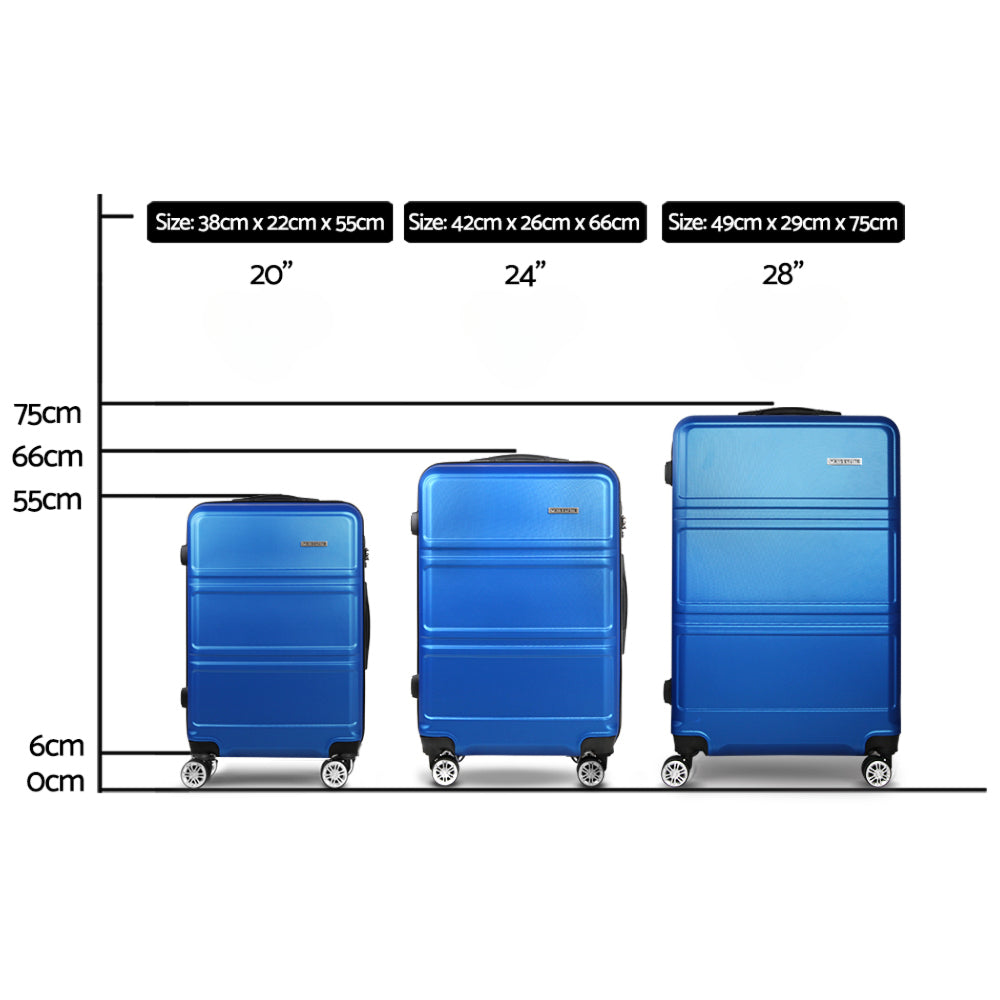 3pc Luggage Trolley Set Suitcase Travel TSA Hard Case Blue
