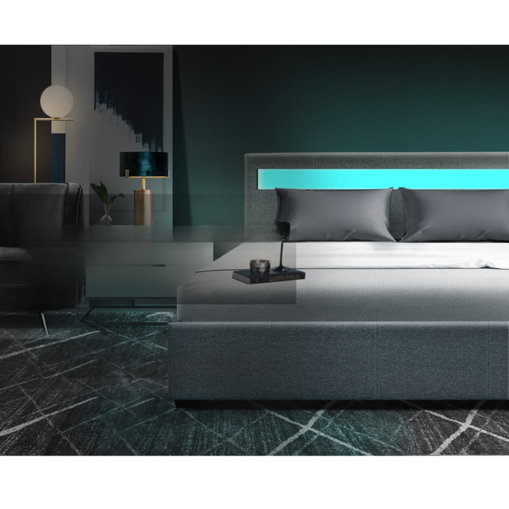LED Bed Frame Fabric Gas Lift Storage - Grey Double