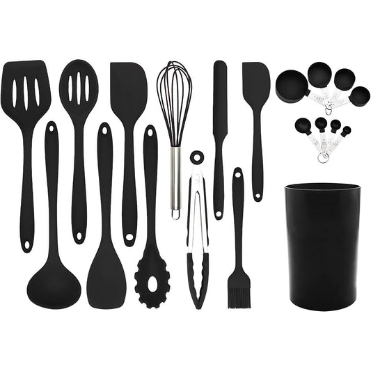 Non Toxic Heat Resistant Non Stick Silicone Kitchen Utensils Cooking Tools Set 14 Pcs - Black